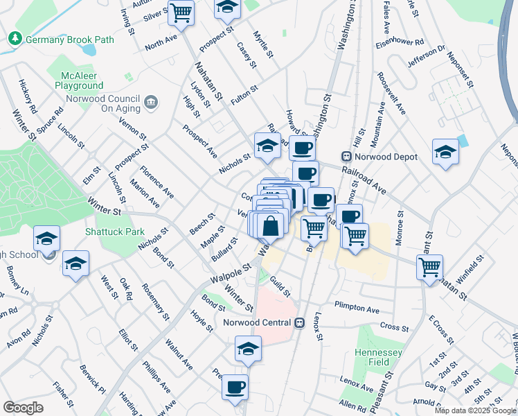 map of restaurants, bars, coffee shops, grocery stores, and more near 9 Vernon Street in Norwood