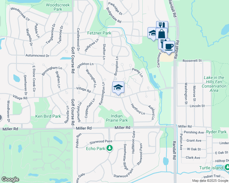 map of restaurants, bars, coffee shops, grocery stores, and more near 632 Village Road in Crystal Lake
