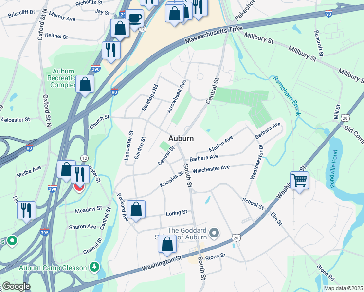 map of restaurants, bars, coffee shops, grocery stores, and more near 1 Barbara Avenue in Auburn