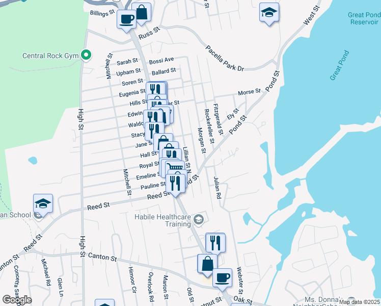 map of restaurants, bars, coffee shops, grocery stores, and more near 17 Lillian Street North in Randolph