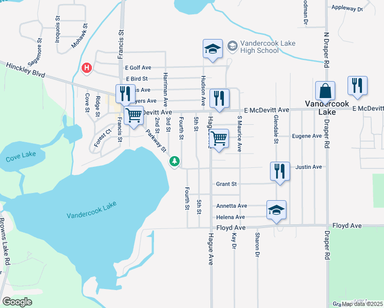 map of restaurants, bars, coffee shops, grocery stores, and more near 321 5th Street in Michigan Center