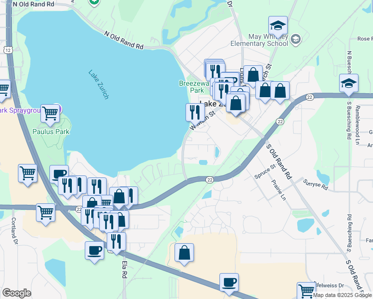 map of restaurants, bars, coffee shops, grocery stores, and more near 217 West Main Street in Lake Zurich