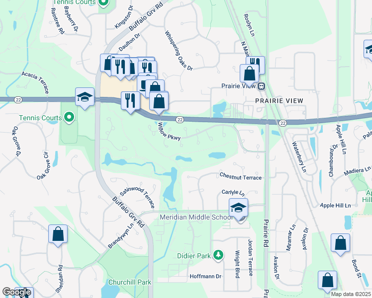 map of restaurants, bars, coffee shops, grocery stores, and more near 229 Willow Parkway in Buffalo Grove