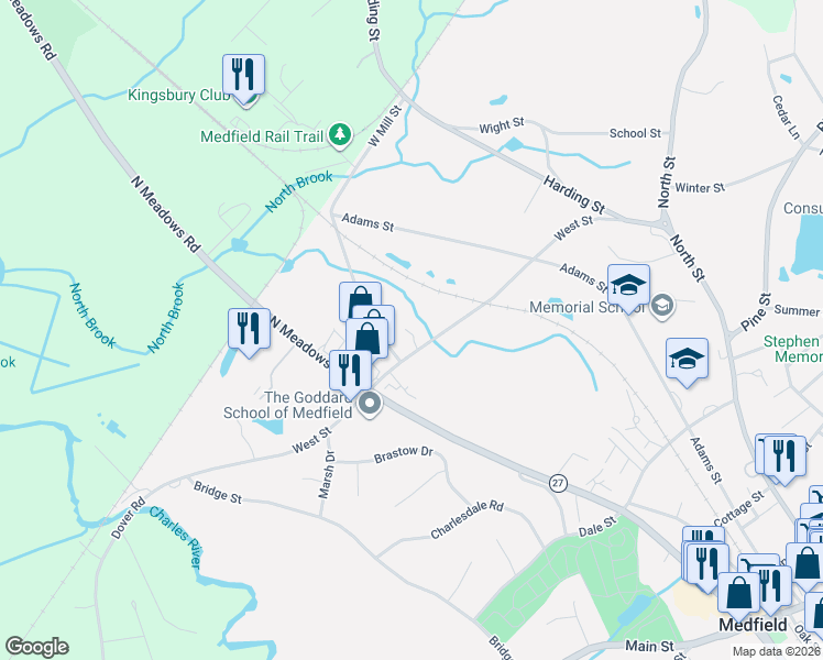 map of restaurants, bars, coffee shops, grocery stores, and more near 55 West Street in Medfield