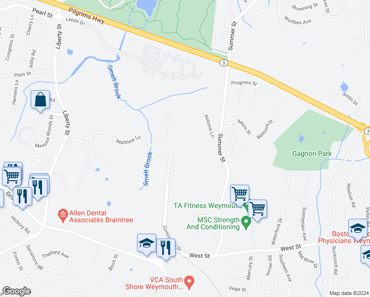 map of restaurants, bars, coffee shops, grocery stores, and more near 501 Commerce Drive in Braintree