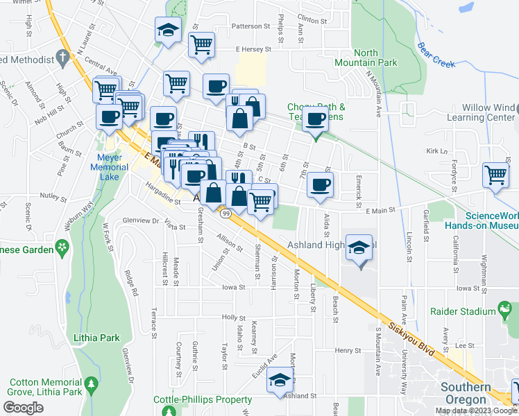 map of restaurants, bars, coffee shops, grocery stores, and more near 626 East Main Street in Ashland