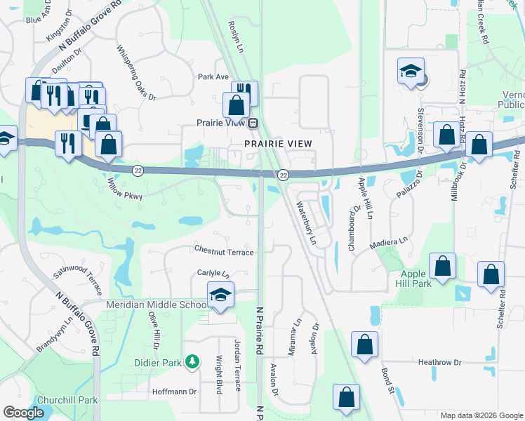 map of restaurants, bars, coffee shops, grocery stores, and more near 7 Willow Parkway in Buffalo Grove
