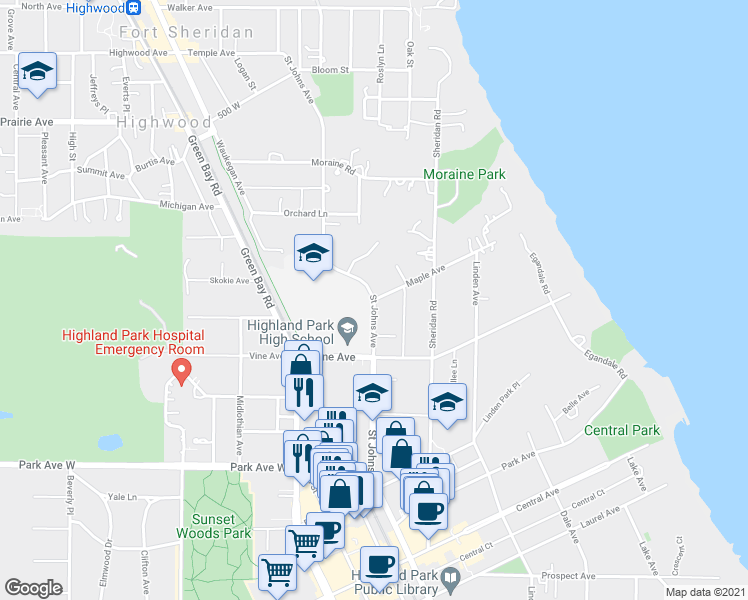 map of restaurants, bars, coffee shops, grocery stores, and more near 2255 Saint Johns Avenue in Highland Park