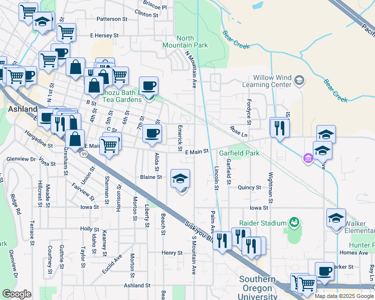 map of restaurants, bars, coffee shops, grocery stores, and more near 73 South Mountain Avenue in Ashland