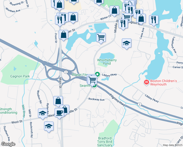 map of restaurants, bars, coffee shops, grocery stores, and more near 944 Middle Street in Weymouth