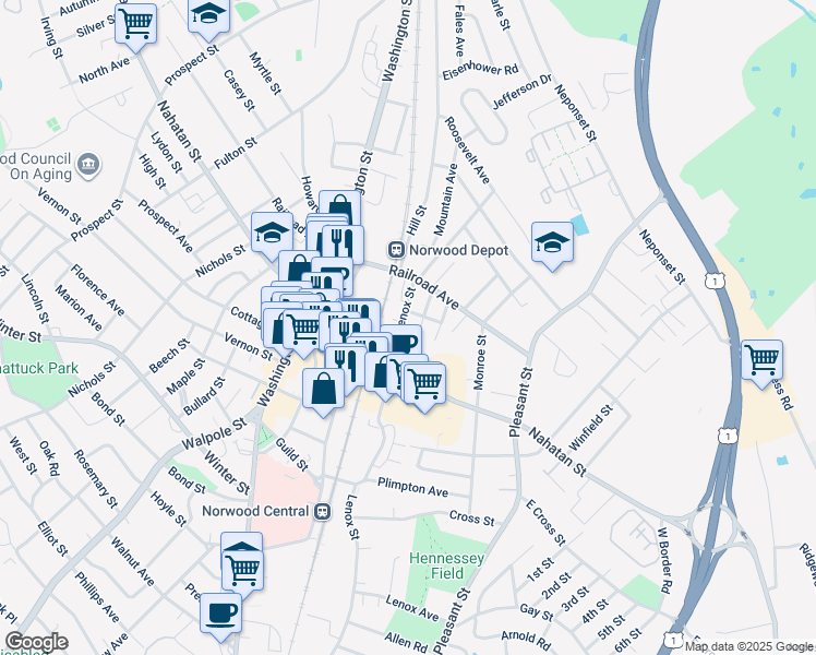 map of restaurants, bars, coffee shops, grocery stores, and more near 31 Clark Street in Norwood