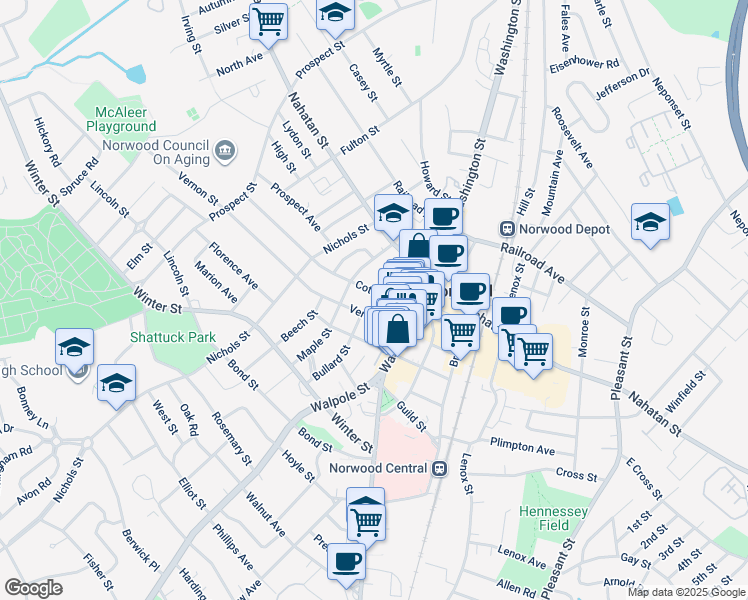 map of restaurants, bars, coffee shops, grocery stores, and more near 9 Vernon Street in Norwood