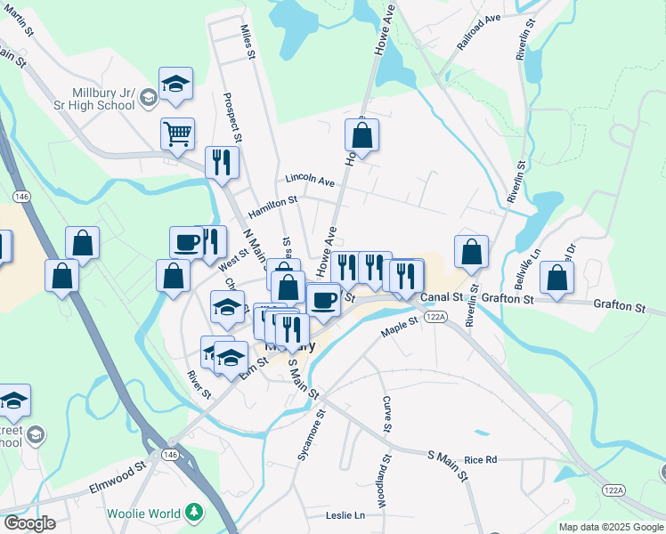 map of restaurants, bars, coffee shops, grocery stores, and more near 17A Canal Street in Millbury