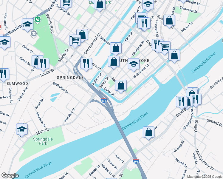 map of restaurants, bars, coffee shops, grocery stores, and more near 642-698 South Summer Street in Holyoke