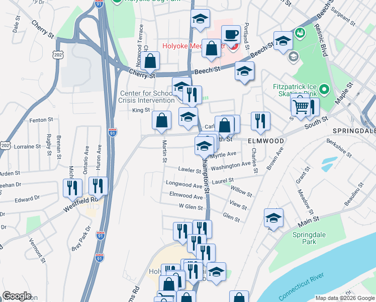 map of restaurants, bars, coffee shops, grocery stores, and more near 16 Dexter Street in Holyoke