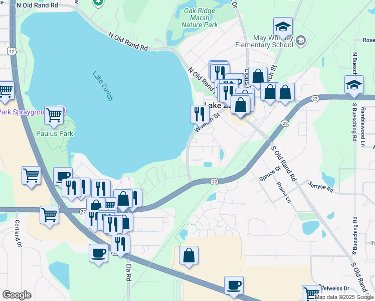 map of restaurants, bars, coffee shops, grocery stores, and more near 245 West Main Street in Lake Zurich