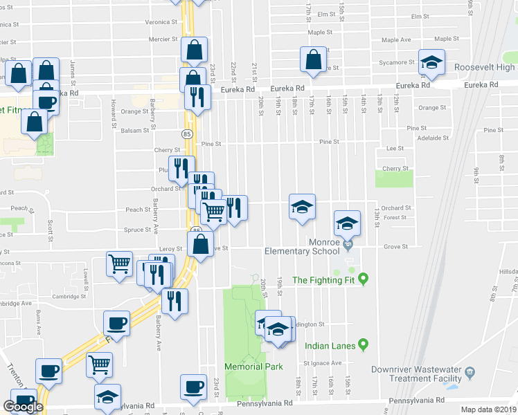 map of restaurants, bars, coffee shops, grocery stores, and more near 3812 20th Street in Wyandotte