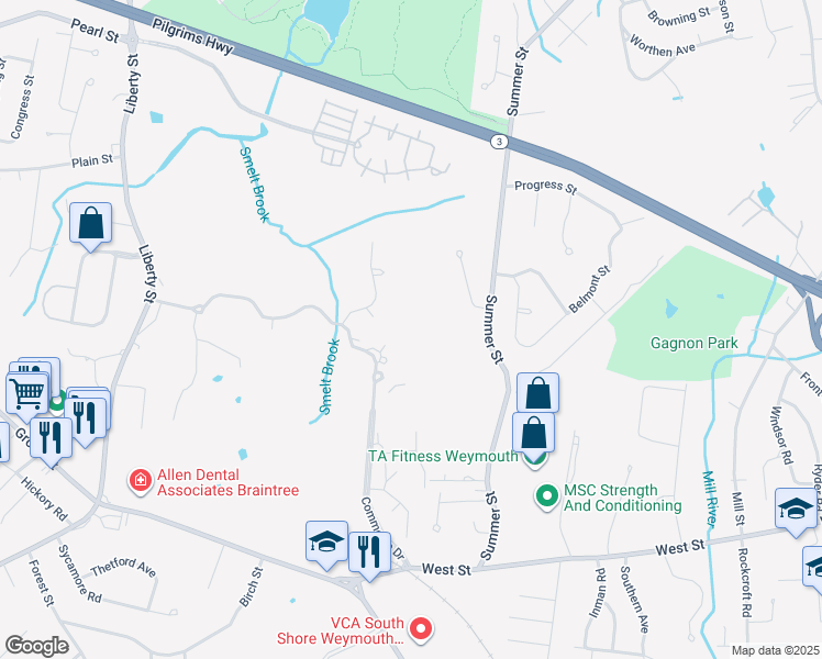 map of restaurants, bars, coffee shops, grocery stores, and more near 501 Commerce Drive in Braintree