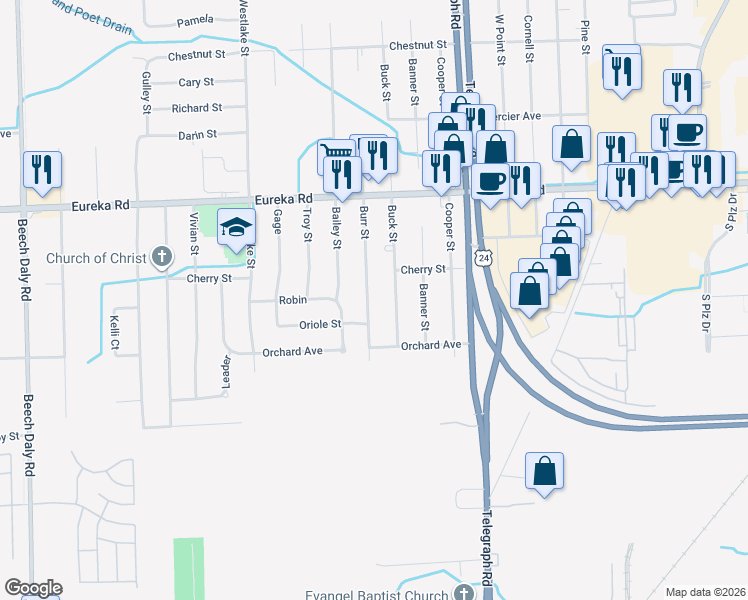map of restaurants, bars, coffee shops, grocery stores, and more near 22722 Oriole Street in Taylor