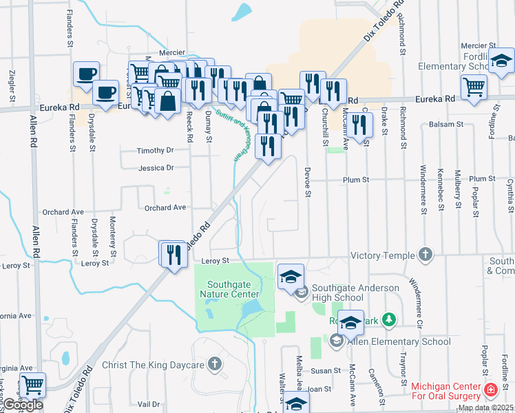 map of restaurants, bars, coffee shops, grocery stores, and more near 15615 Garrison Lane in Southgate