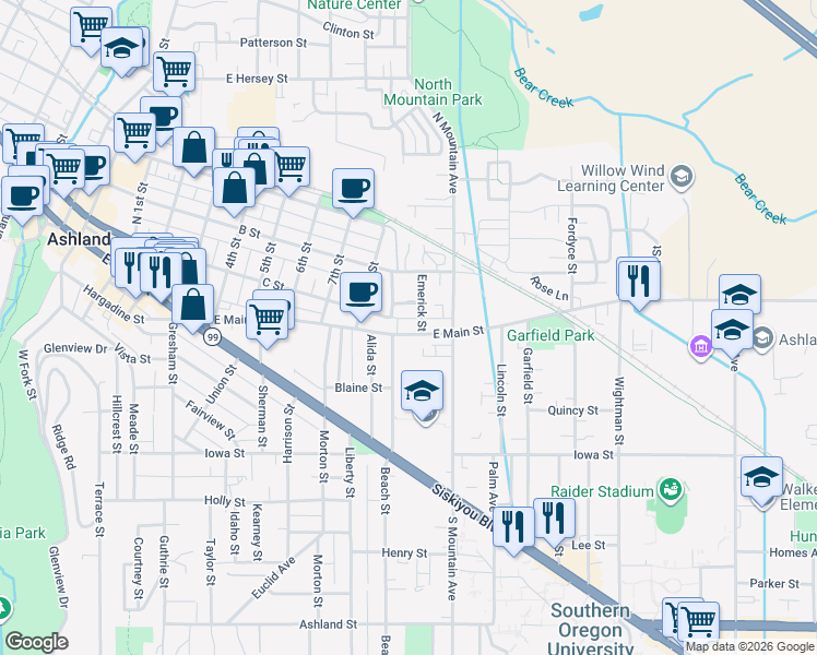 map of restaurants, bars, coffee shops, grocery stores, and more near 48 Morse Avenue in Ashland