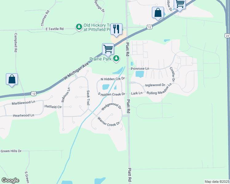 map of restaurants, bars, coffee shops, grocery stores, and more near 6496 Linda Avenue in Saline
