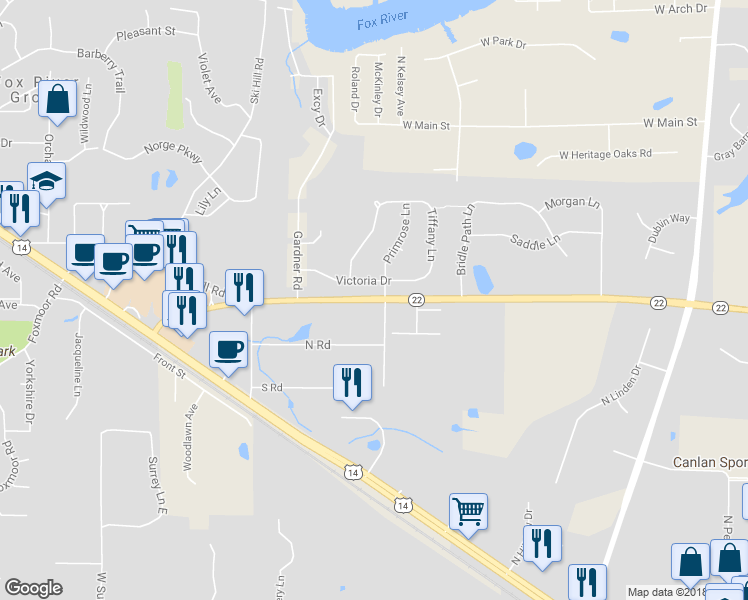 map of restaurants, bars, coffee shops, grocery stores, and more near 1175 West State Route 22 in Fox River Grove