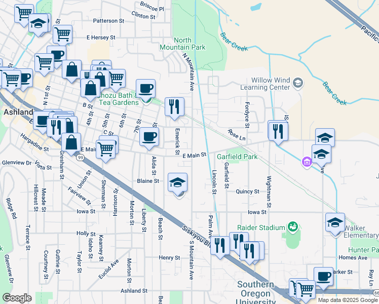 map of restaurants, bars, coffee shops, grocery stores, and more near 1079 East Main Street in Ashland