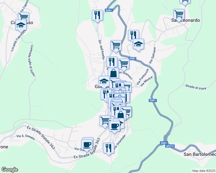 map of restaurants, bars, coffee shops, grocery stores, and more near Strada Statale 363 in Guardiagrele