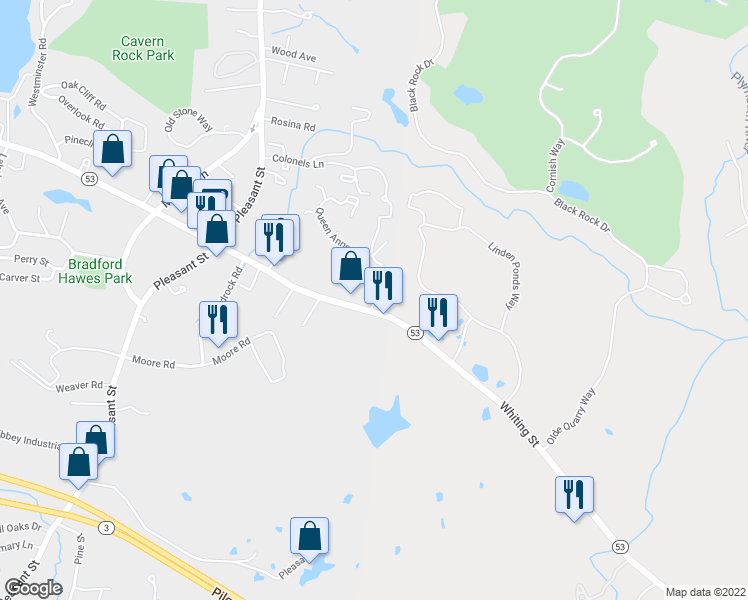 map of restaurants, bars, coffee shops, grocery stores, and more near 10 Queen Anne Drive in Weymouth