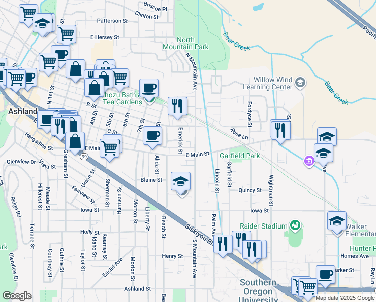 map of restaurants, bars, coffee shops, grocery stores, and more near 73 South Mountain Avenue in Ashland