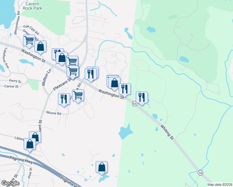 map of restaurants, bars, coffee shops, grocery stores, and more near 1385 Washington Street in Weymouth