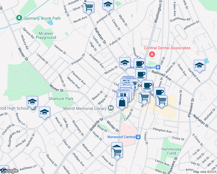 map of restaurants, bars, coffee shops, grocery stores, and more near 126 Day Street in Norwood