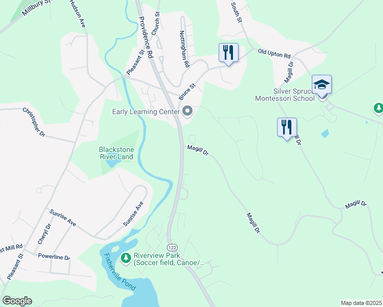 map of restaurants, bars, coffee shops, grocery stores, and more near 151 Providence Road in Grafton
