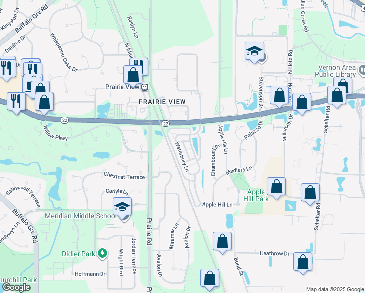 map of restaurants, bars, coffee shops, grocery stores, and more near 2492 Waterbury Lane in Buffalo Grove