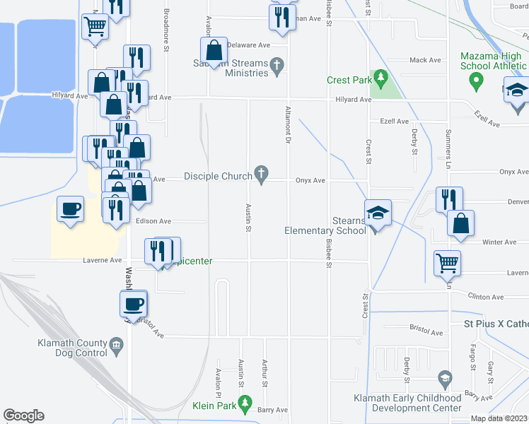 map of restaurants, bars, coffee shops, grocery stores, and more near 3541 Austin Street in Klamath Falls