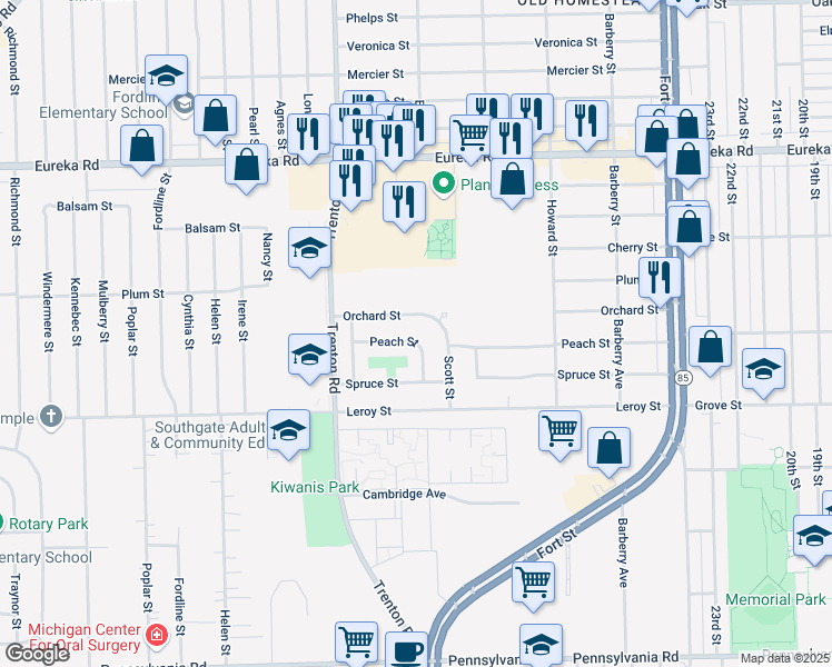 map of restaurants, bars, coffee shops, grocery stores, and more near 13630 Orchard Street in Southgate