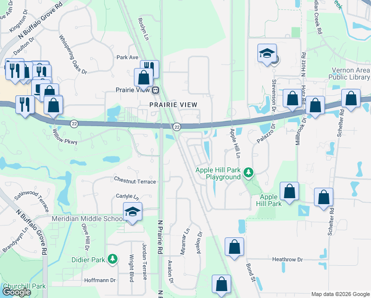 map of restaurants, bars, coffee shops, grocery stores, and more near 2553 Waterbury Lane in Buffalo Grove