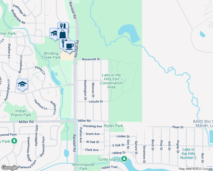 map of restaurants, bars, coffee shops, grocery stores, and more near 1501 Jefferson Street in Lake in the Hills