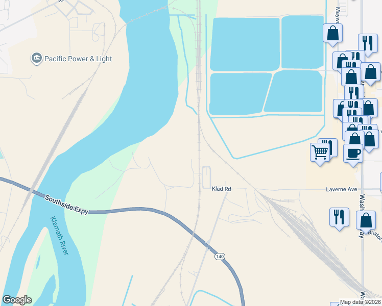 map of restaurants, bars, coffee shops, grocery stores, and more near 1421 Laverne Avenue in Klamath Falls