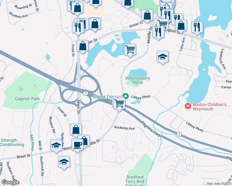 map of restaurants, bars, coffee shops, grocery stores, and more near 907 Middle Street in Weymouth