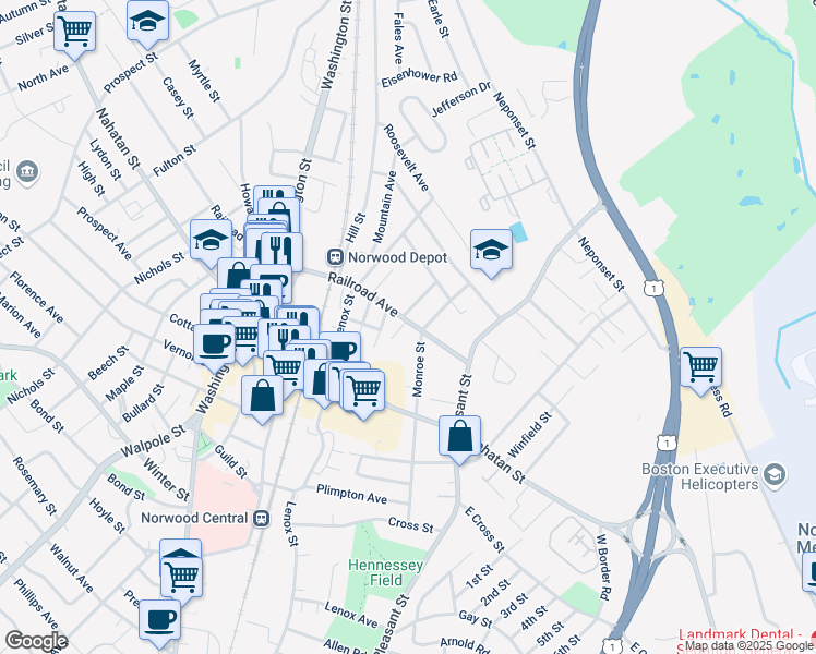 map of restaurants, bars, coffee shops, grocery stores, and more near 73 Railroad Avenue in Norwood