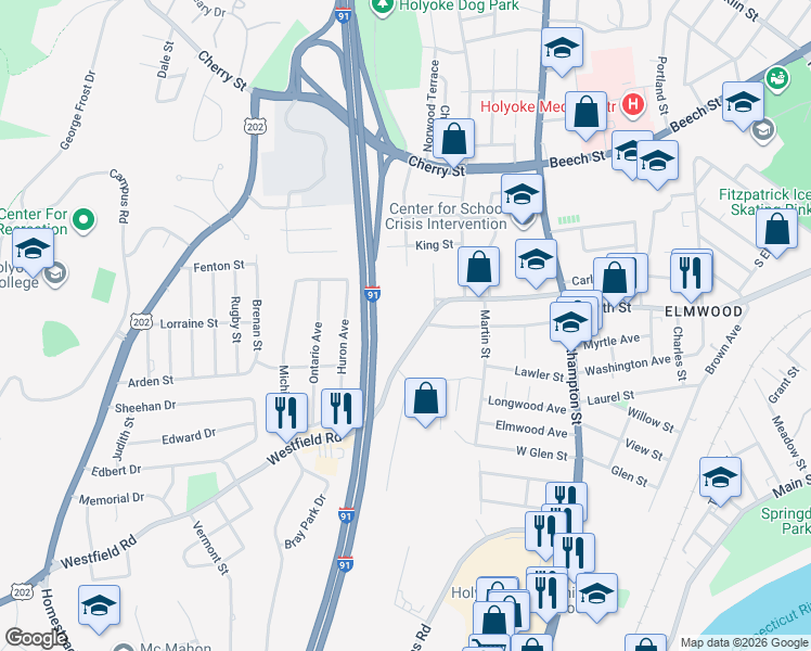 map of restaurants, bars, coffee shops, grocery stores, and more near 35 Roosevelt Avenue in Holyoke