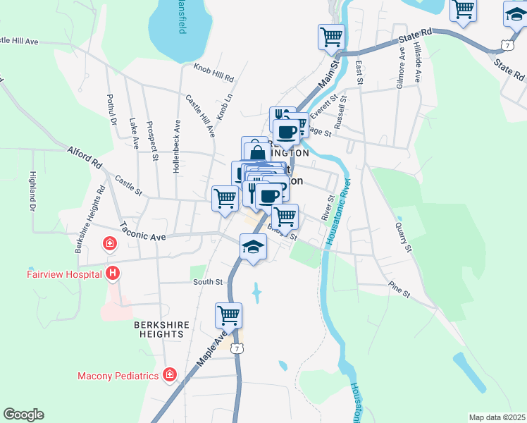map of restaurants, bars, coffee shops, grocery stores, and more near 38 Railroad Street in Great Barrington