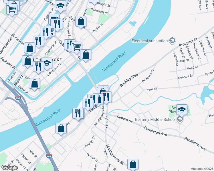 map of restaurants, bars, coffee shops, grocery stores, and more near 517 North Chicopee Street in Chicopee