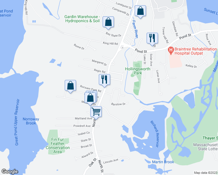 map of restaurants, bars, coffee shops, grocery stores, and more near 548 Pond Street in Braintree