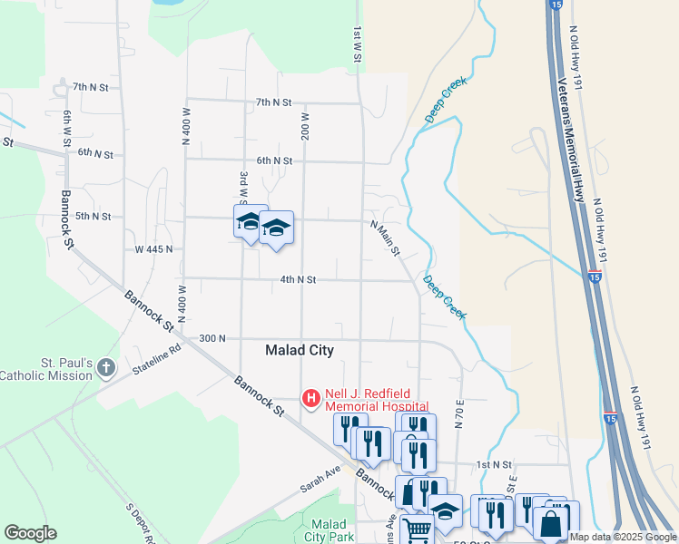 map of restaurants, bars, coffee shops, grocery stores, and more near 136 4th North Street in Malad City