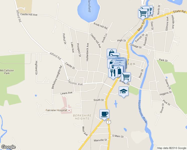 map of restaurants, bars, coffee shops, grocery stores, and more near 12 Benton Avenue in Great Barrington