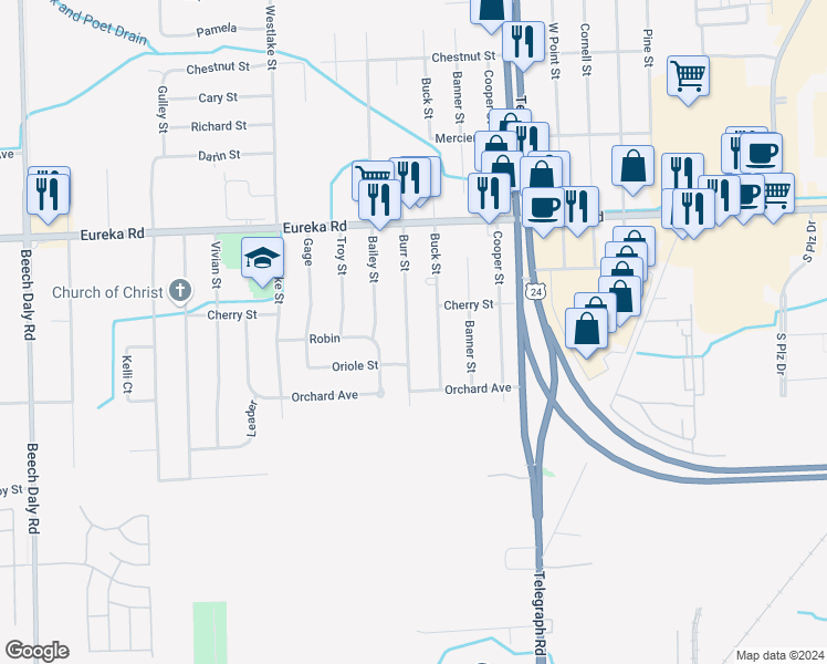 map of restaurants, bars, coffee shops, grocery stores, and more near 15373 Burr Street in Taylor