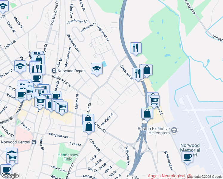 map of restaurants, bars, coffee shops, grocery stores, and more near 21 Cambridge Road in Norwood
